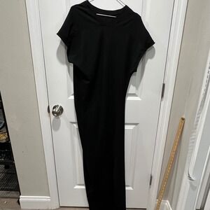 Zara Black Cap Sleeve Maxi Column Dress Textured Crepe Side Slit Size L
